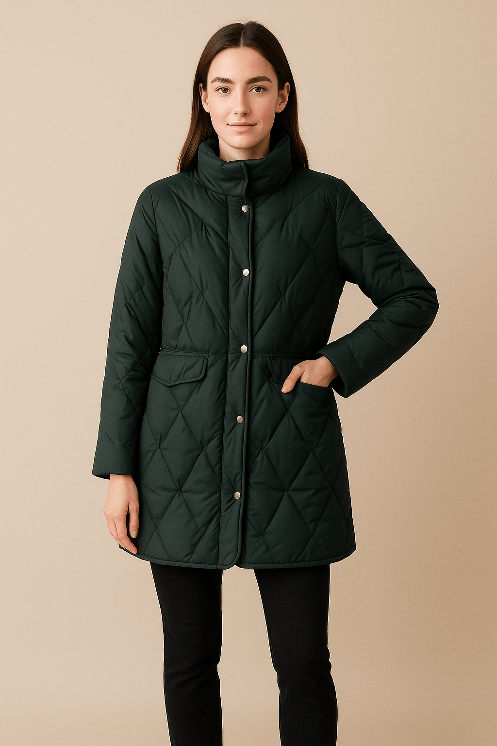 Juno – Women’s Mid-Length Quilted Jacket with High Collar and Button Closure