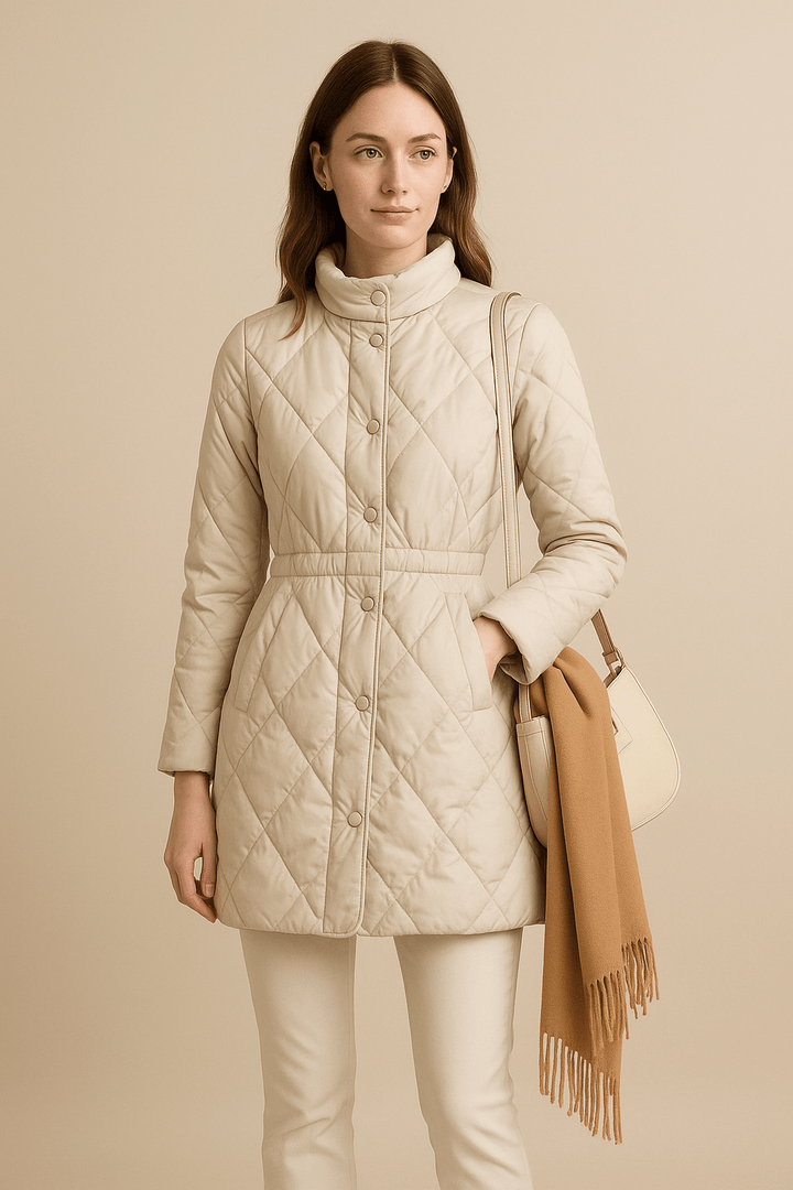 Juno – Women’s Mid-Length Quilted Jacket with High Collar and Button Closure