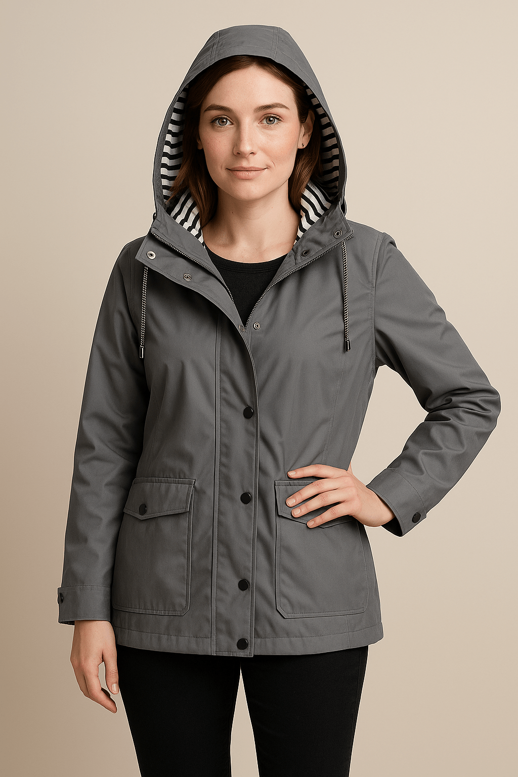 Women’s Mid-Length Water-Resistant Raincoat Adjustable Hood
