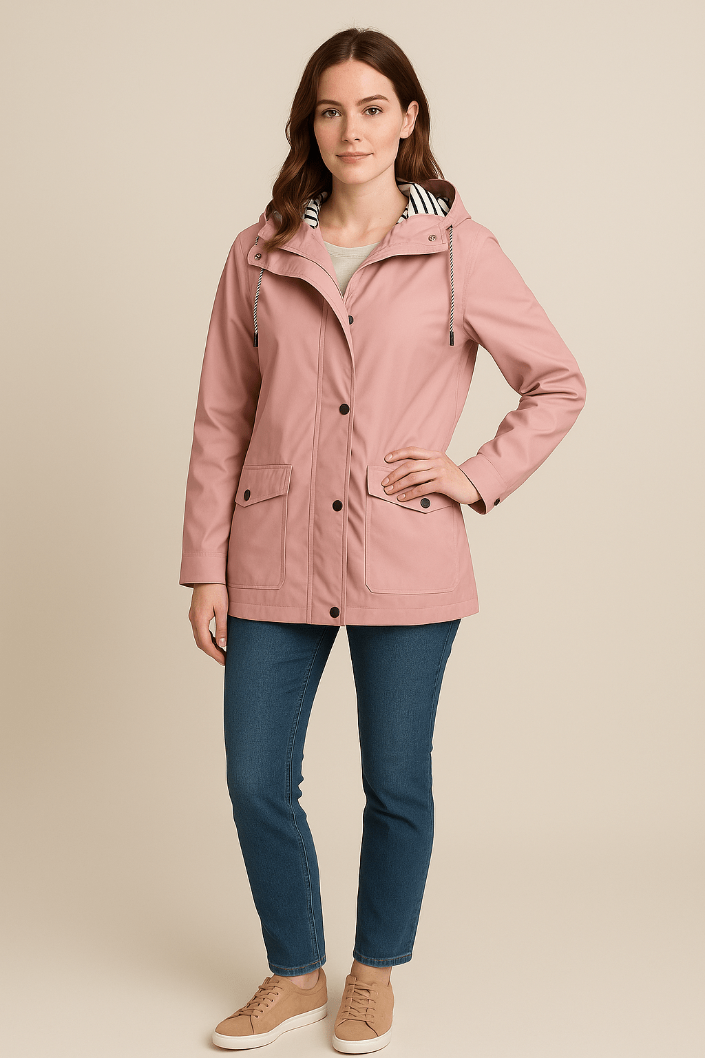 Women’s Mid-Length Water-Resistant Raincoat Adjustable Hood
