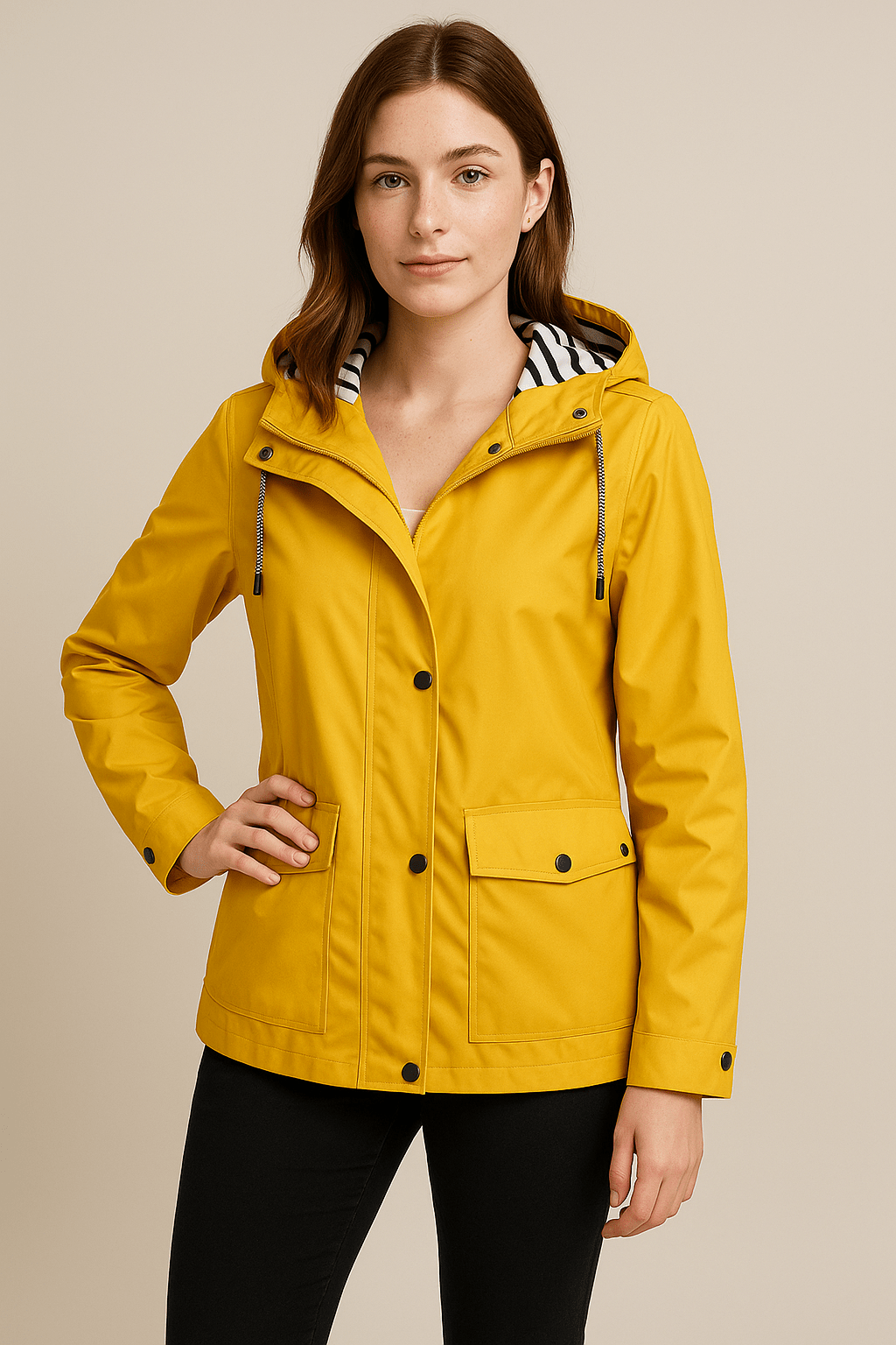 Women’s Mid-Length Water-Resistant Raincoat Adjustable Hood