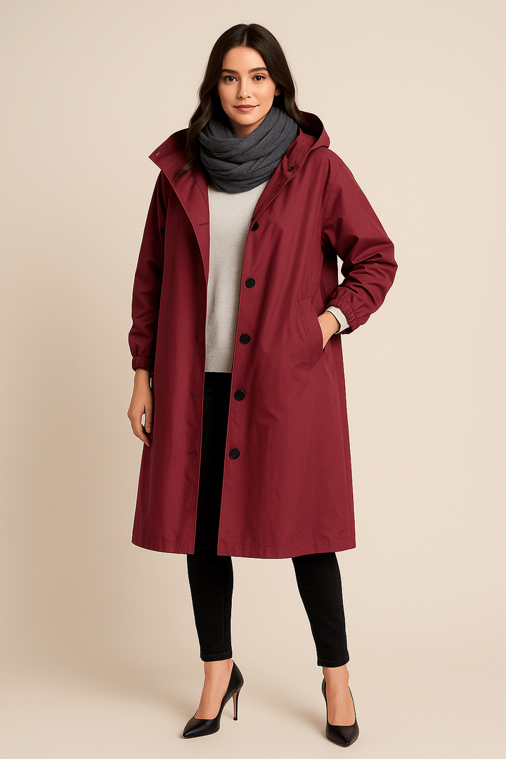 Ruby – Women’s Hooded Long Trench Coat with Pockets