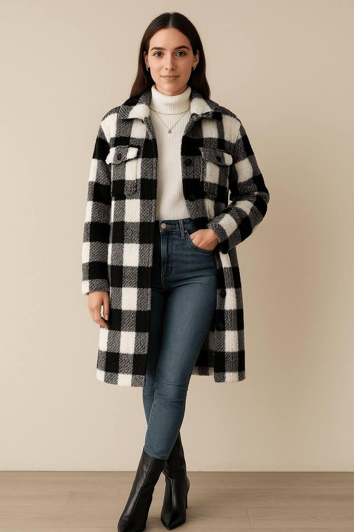 Samira – Women’s Loose Fit Checked Mid-Length Coat – Fall Winter