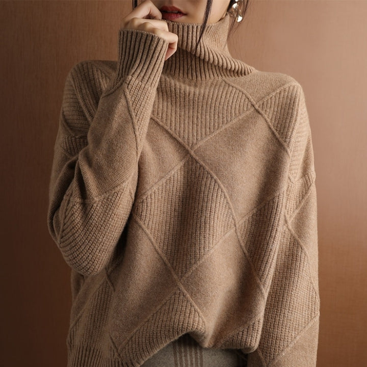 Women’s Loose Fit High Neck Knit Jumper – Textured Diamond Rib Sweater