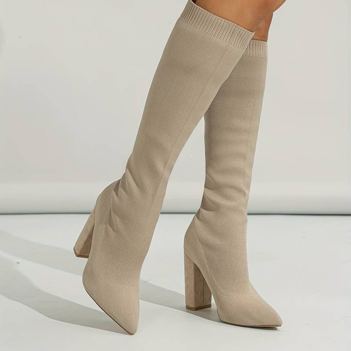 Women’s Black Knit Knee-High Sock Boots – High-Heeled Winter Stretch Boots for Elegant Outfits