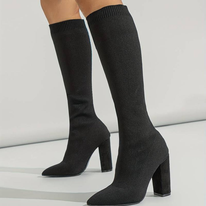 Women’s Black Knit Knee-High Sock Boots – High-Heeled Winter Stretch Boots for Elegant Outfits