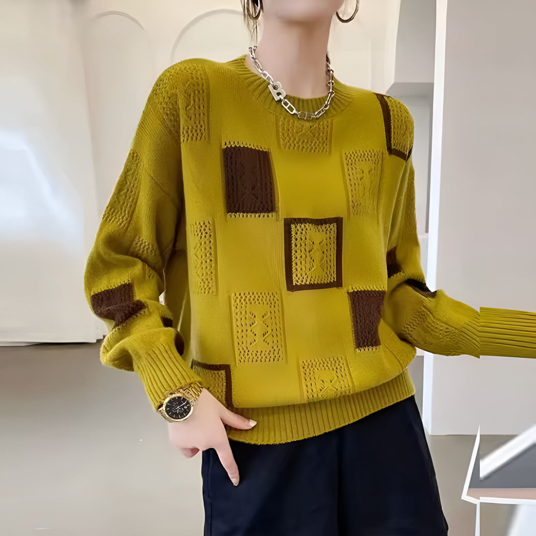 Women’s Geometric Knit Sweater with Textured Patch Design