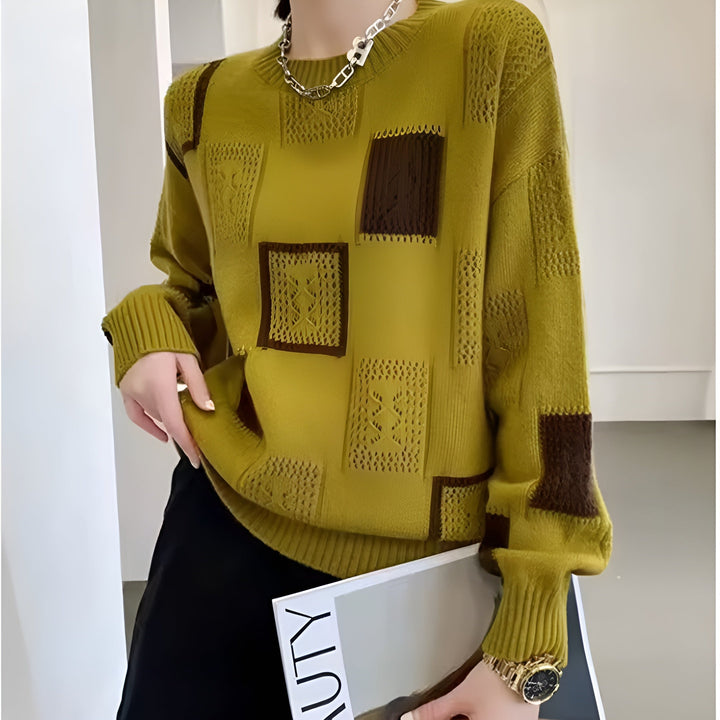 Women’s Geometric Knit Sweater with Textured Patch Design