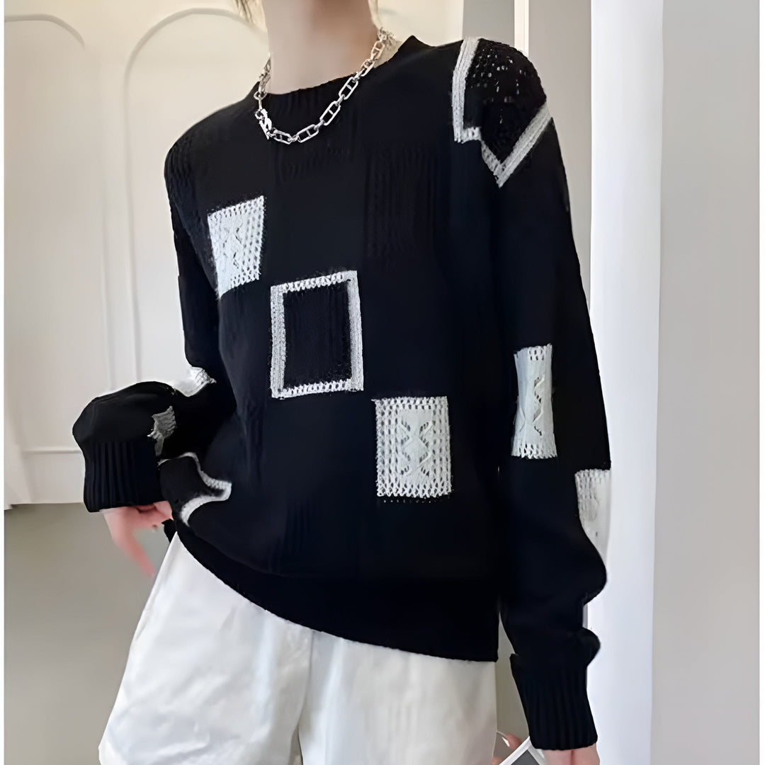 Women’s Geometric Knit Sweater with Textured Patch Design