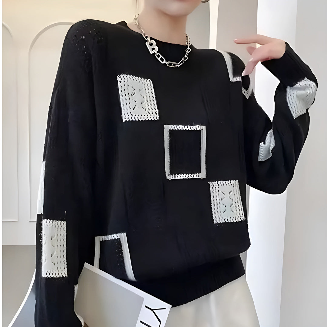 Women’s Geometric Knit Sweater with Textured Patch Design