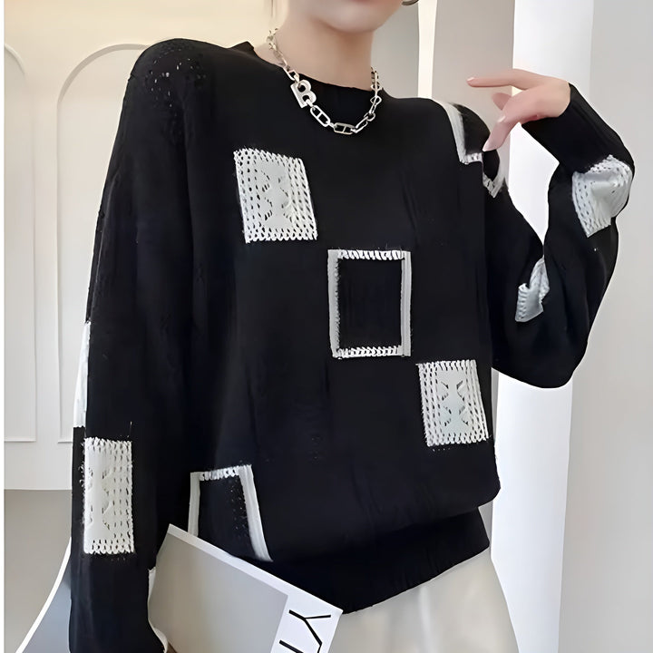 Women’s Geometric Knit Sweater with Textured Patch Design