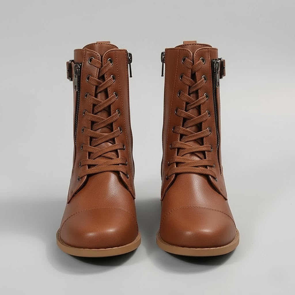 Women’s Lace-Up Ankle Boots with Side Zip – Comfortable Flat Winter Boots