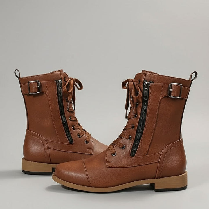 Women’s Lace-Up Ankle Boots with Side Zip – Comfortable Flat Winter Boots