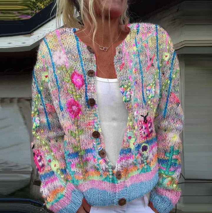 Linsey – Womens Colorful Floral Pattern Knit Cardigan