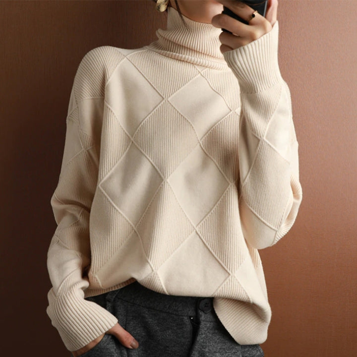 Women’s Loose Fit High Neck Knit Jumper – Textured Diamond Rib Sweater