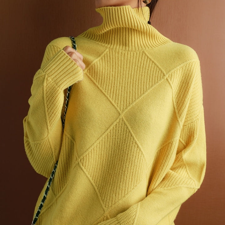 Women’s Loose Fit High Neck Knit Jumper – Textured Diamond Rib Sweater
