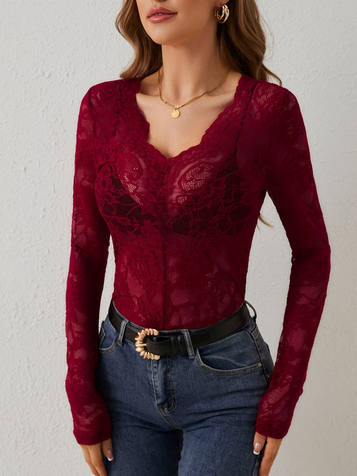 Women’s Long Sleeve Lace V-Neck Top – Elegant Going-Out Blouse