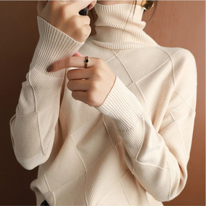 Women’s Loose Fit High Neck Knit Jumper – Textured Diamond Rib Sweater