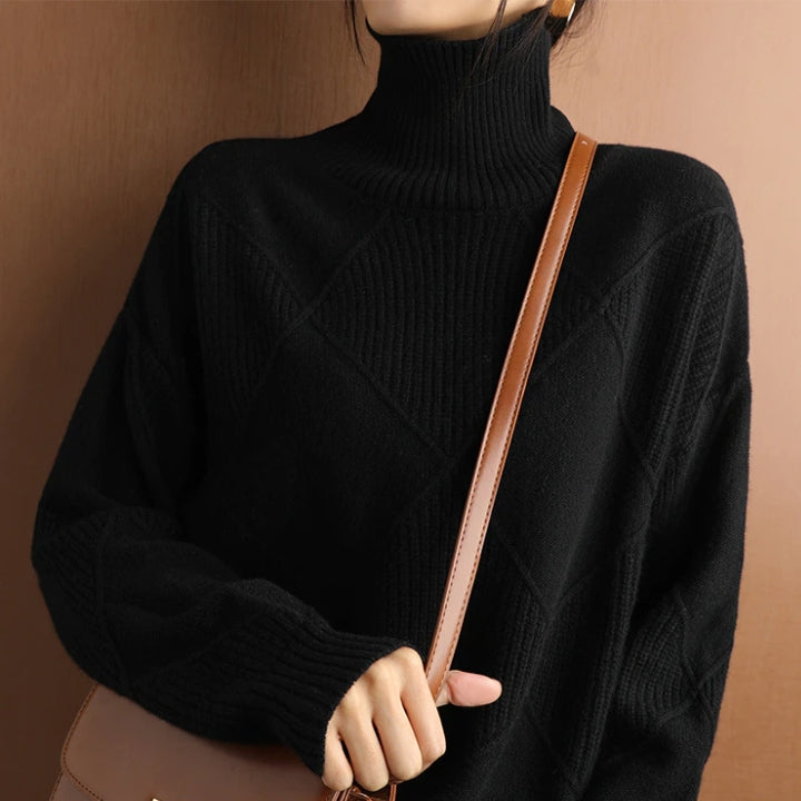 Women’s Loose Fit High Neck Knit Jumper – Textured Diamond Rib Sweater