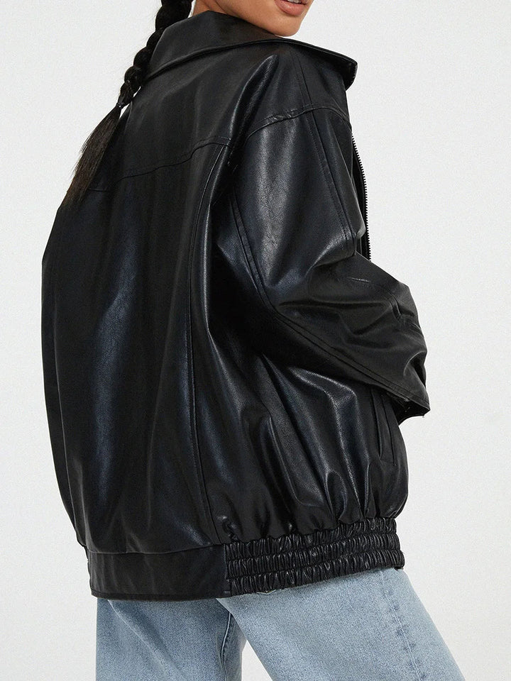 Women's Oversized Leather Bomber Jacket with Zipper Front