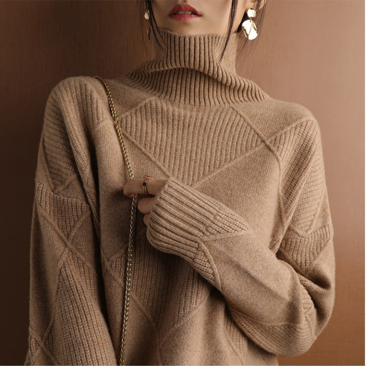 Women’s Loose Fit High Neck Knit Jumper – Textured Diamond Rib Sweater