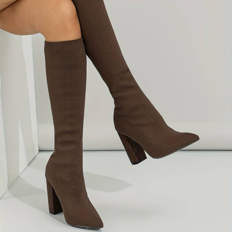 Women’s Black Knit Knee-High Sock Boots – High-Heeled Winter Stretch Boots for Elegant Outfits