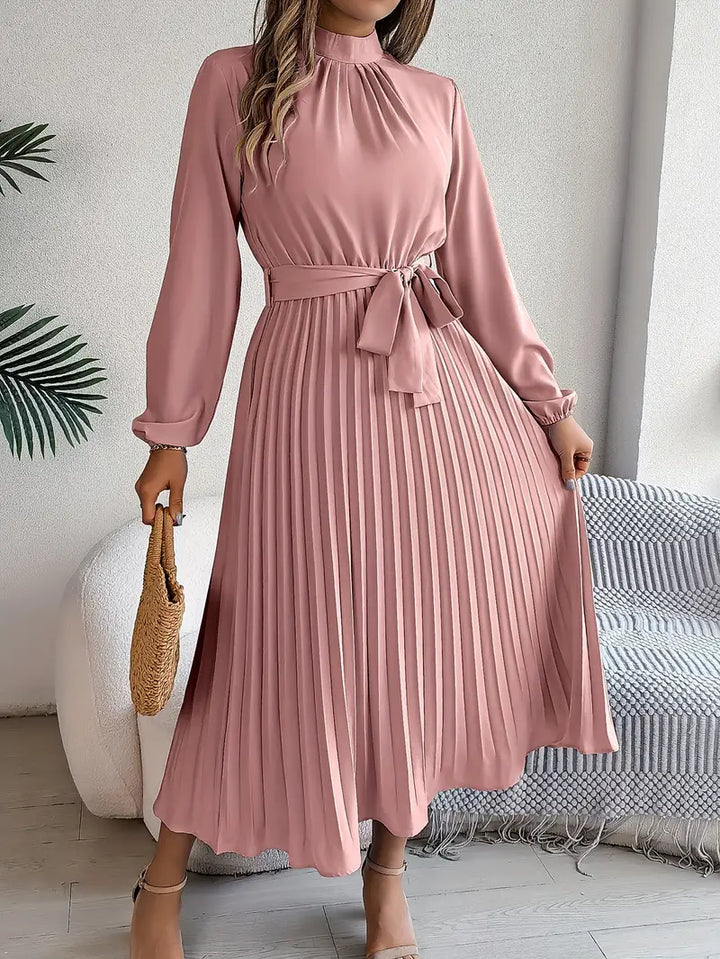 Ella | Women’s Pleated Belted Long Sleeve Dress