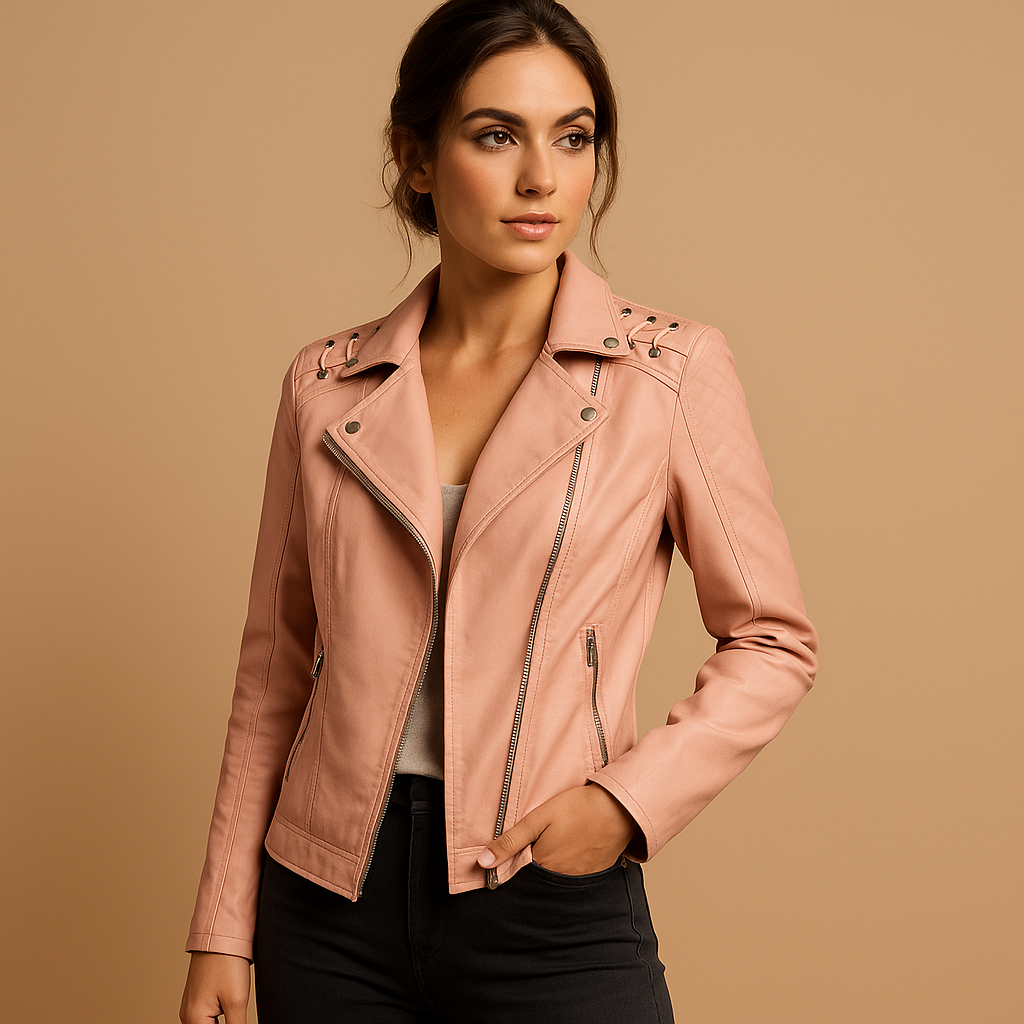 Women’s Leather Biker Jacket with Stand Collar