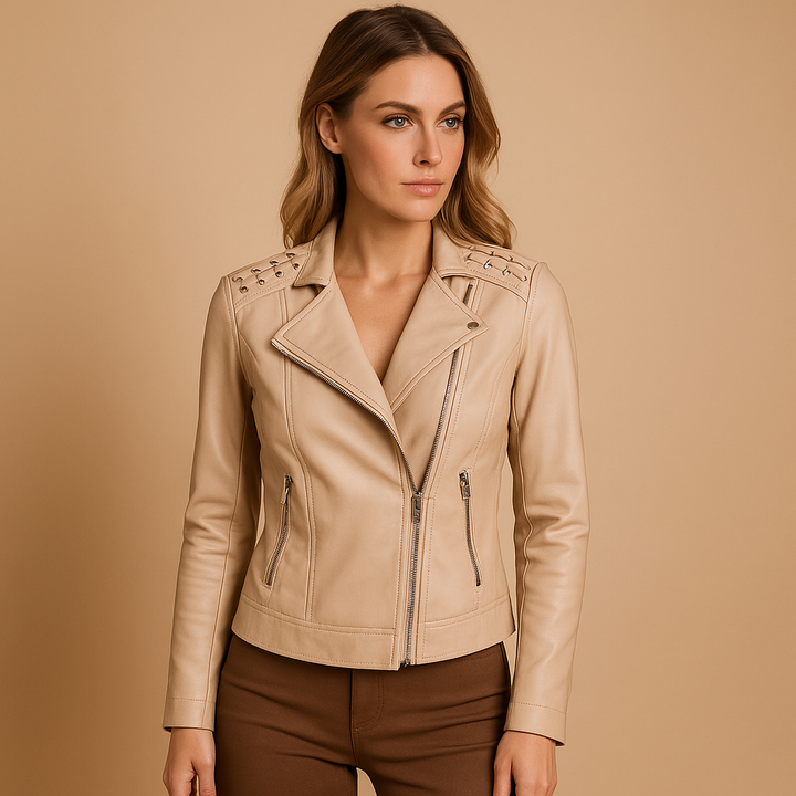 Women’s Leather Biker Jacket with Stand Collar