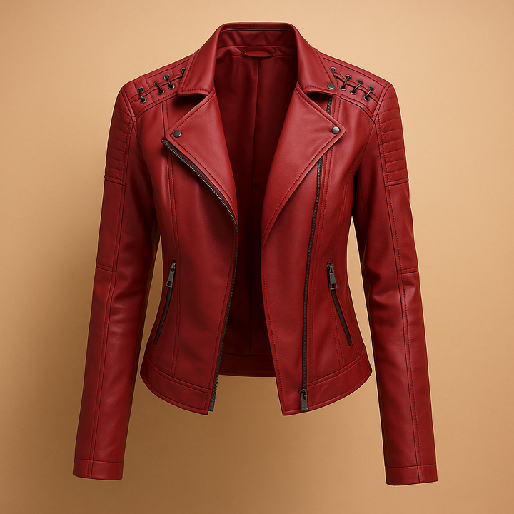 Women’s Leather Biker Jacket with Stand Collar