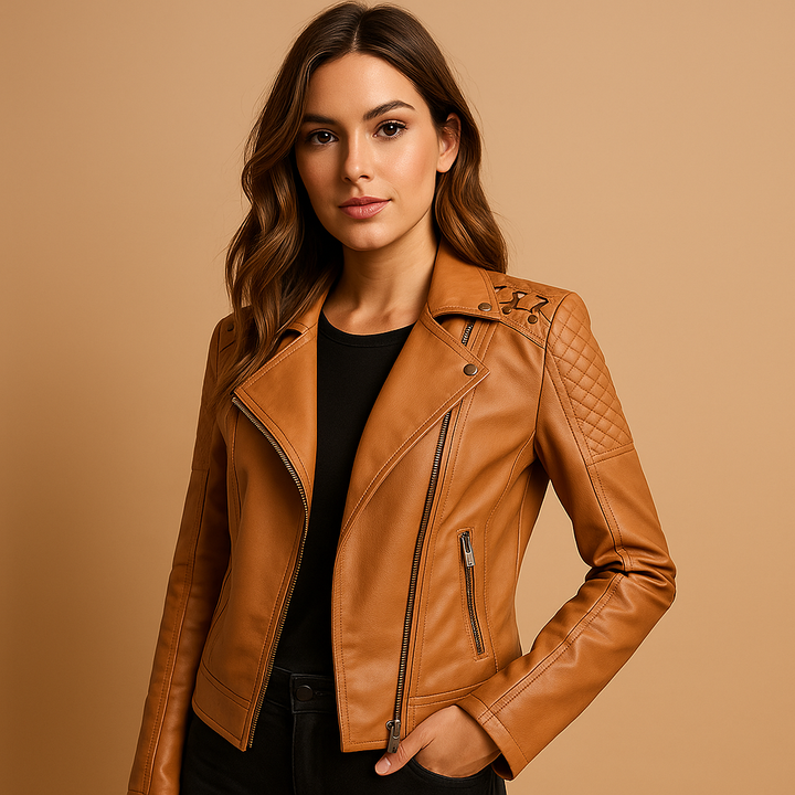Women’s Leather Biker Jacket with Stand Collar