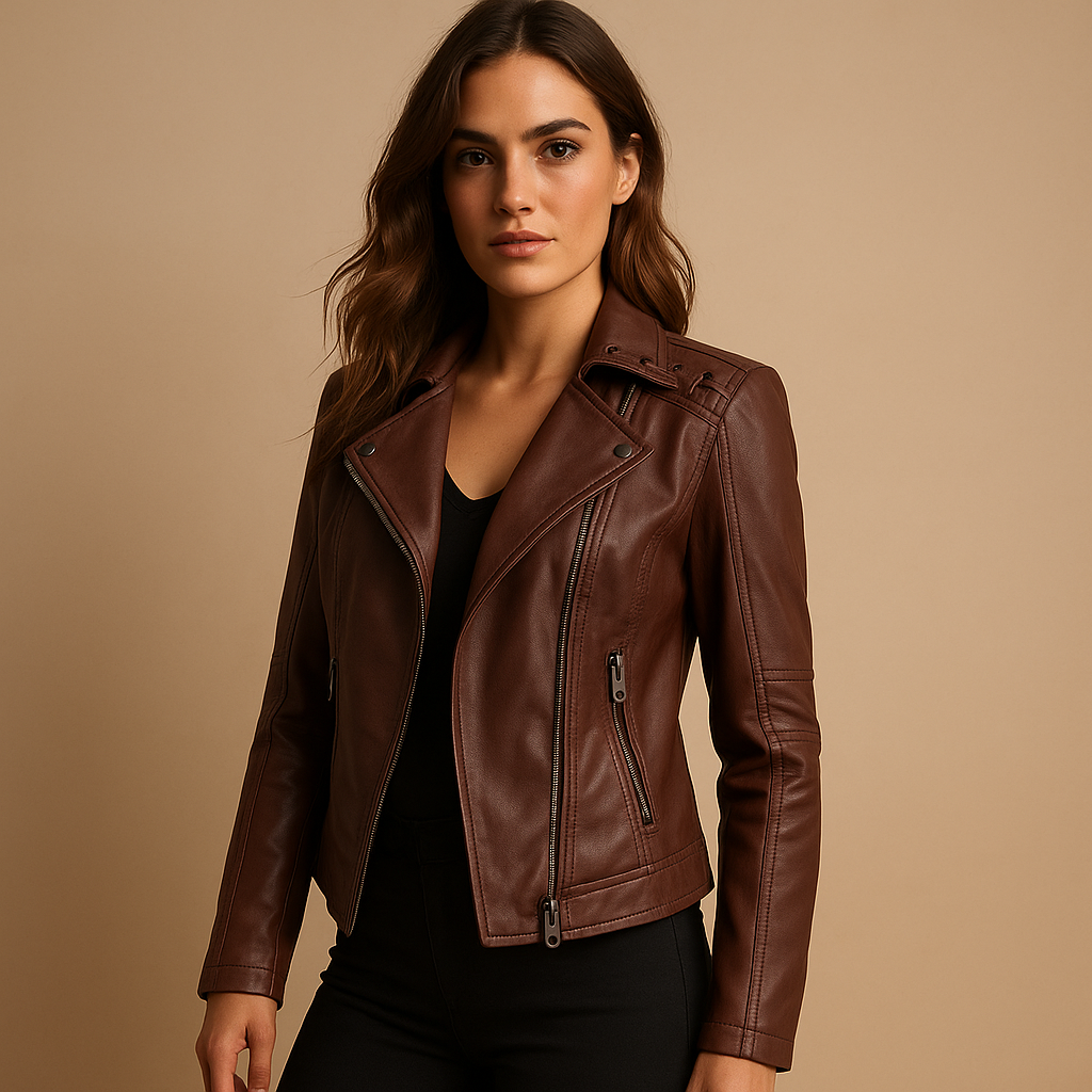 Women’s Leather Biker Jacket with Stand Collar