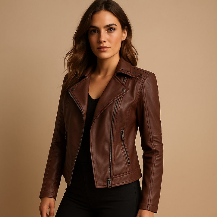 Women’s Leather Biker Jacket with Stand Collar