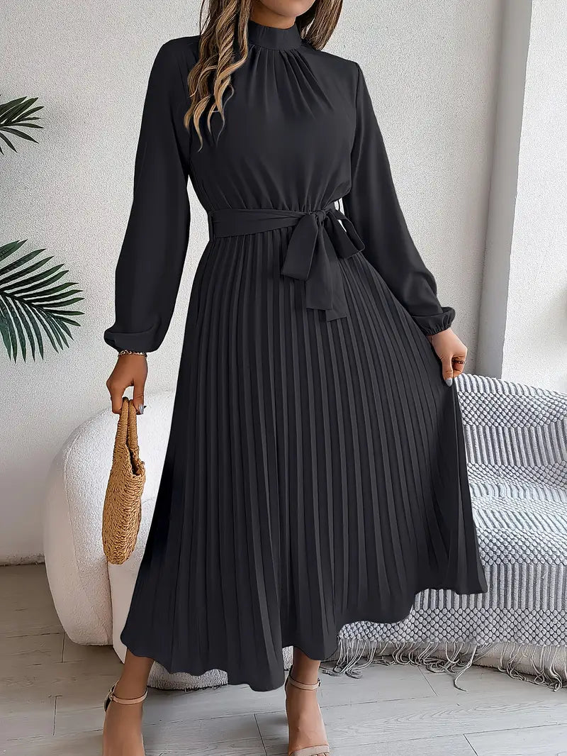 Ella | Women’s Pleated Belted Long Sleeve Dress