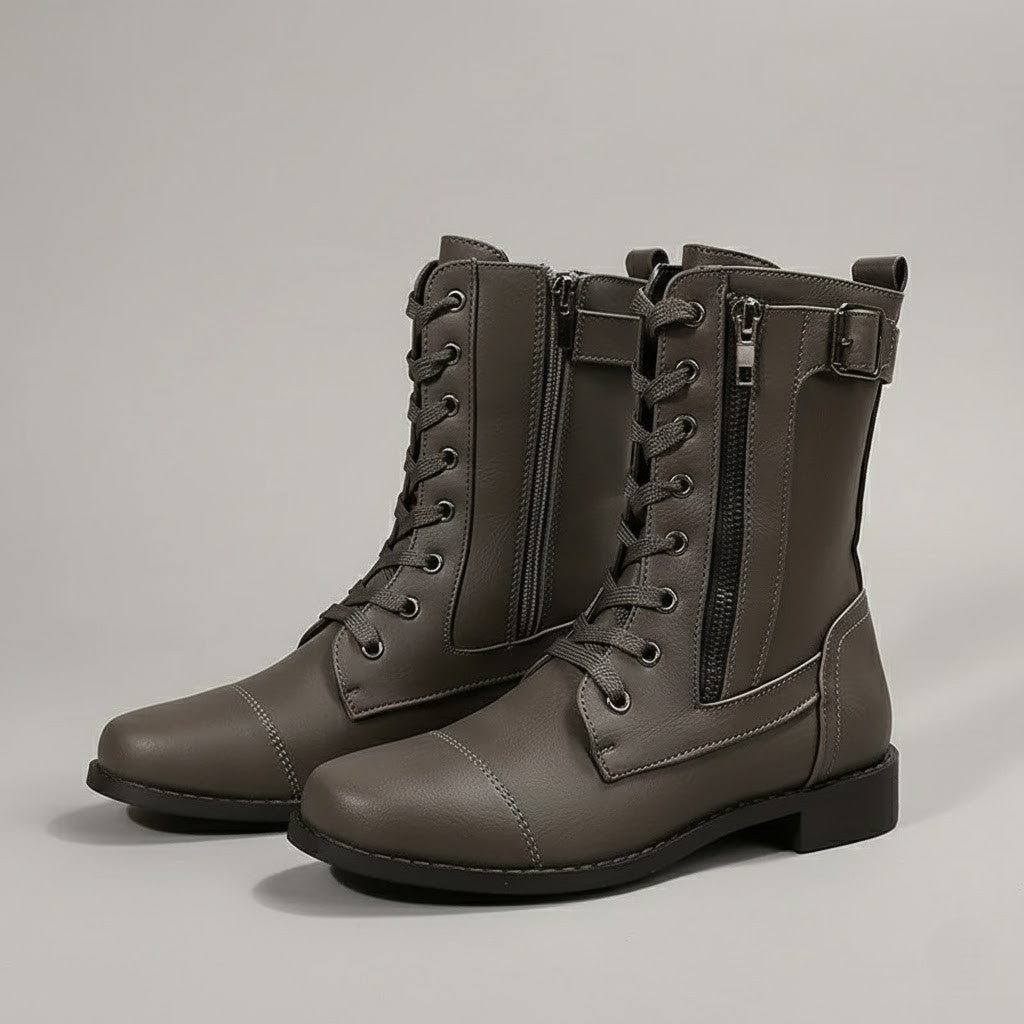 Women’s Lace-Up Ankle Boots with Side Zip – Comfortable Flat Winter Boots