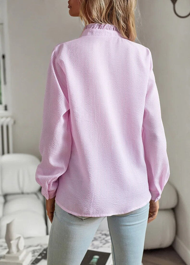 Women’s Ruffle Trim Textured Blouse – Long Sleeve Button Top