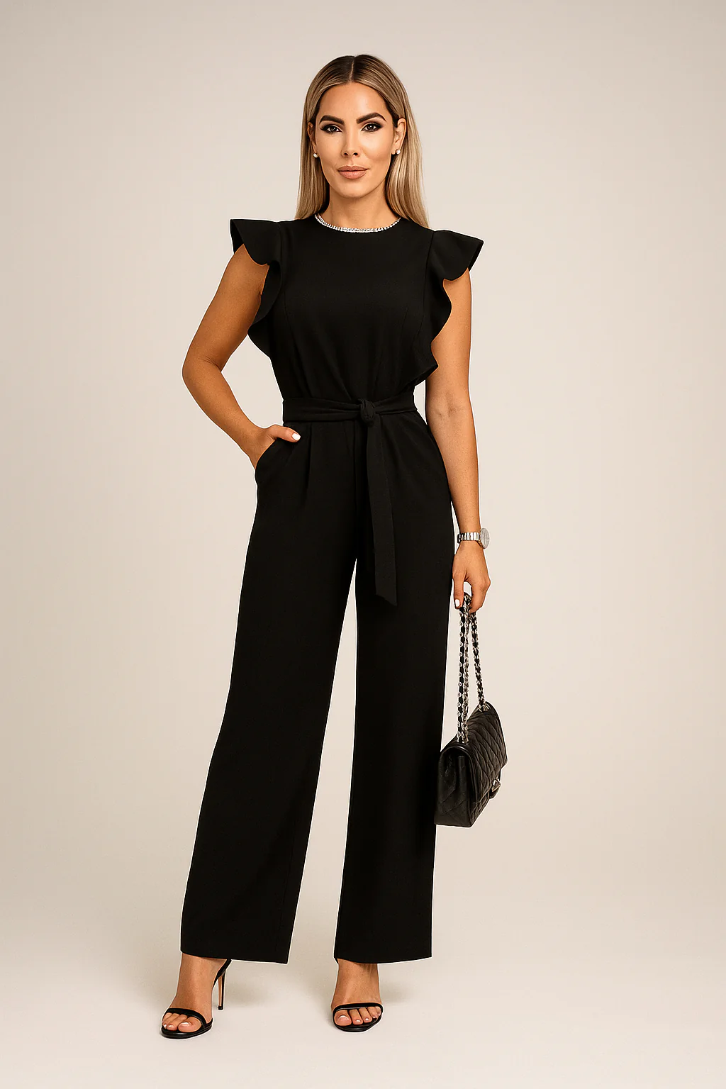 Women’s Elegant Belted Jumpsuit Wide Leg Formal One Piece