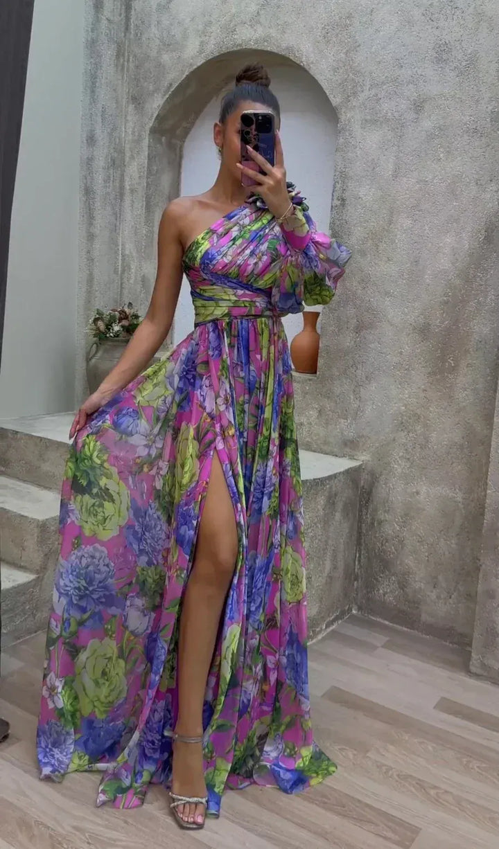 Women’s One Shoulder Floral Maxi Dress Elegant Evening Gown
