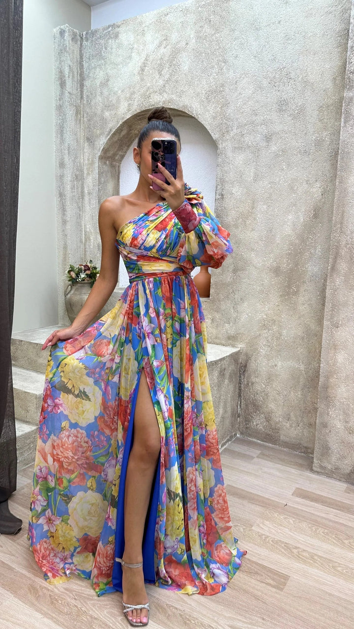 Women’s One Shoulder Floral Maxi Dress Elegant Evening Gown