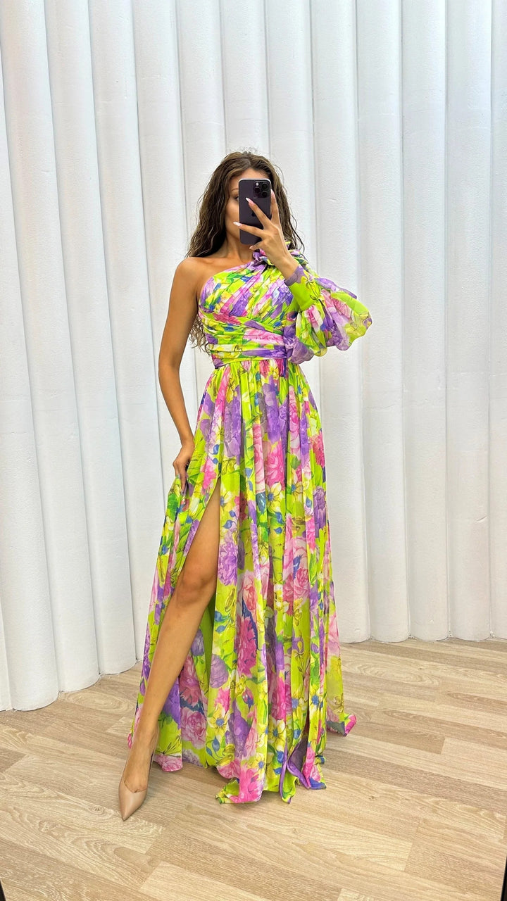 Women’s One Shoulder Floral Maxi Dress Elegant Evening Gown
