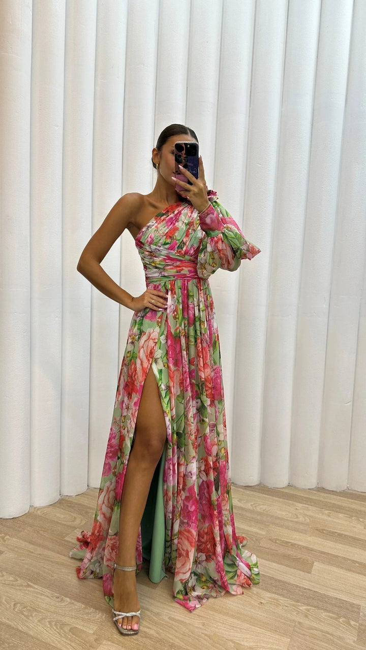 Women’s One Shoulder Floral Maxi Dress Elegant Evening Gown