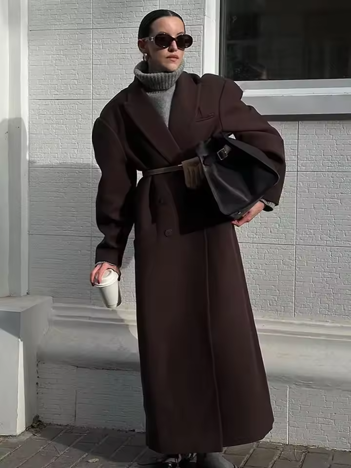 Women’s Long Wool Coat Double Breasted Winter Warm Elegant Overcoat