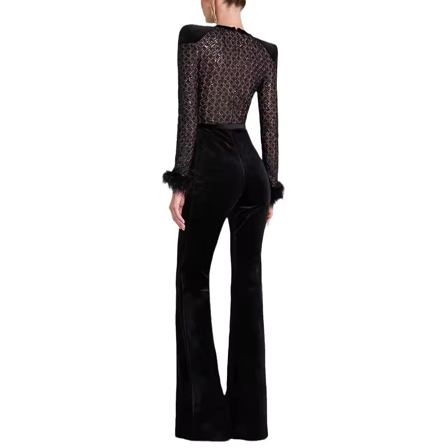 Women’s Long Sleeve Velvet Jumpsuit Glitter Detail with Feather Trim