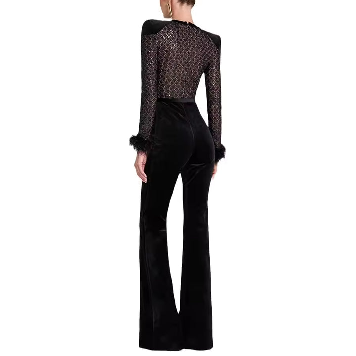 Women’s Long Sleeve Velvet Jumpsuit Glitter Detail with Feather Trim