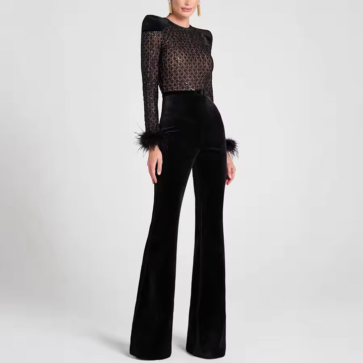 Women’s Long Sleeve Velvet Jumpsuit Glitter Detail with Feather Trim