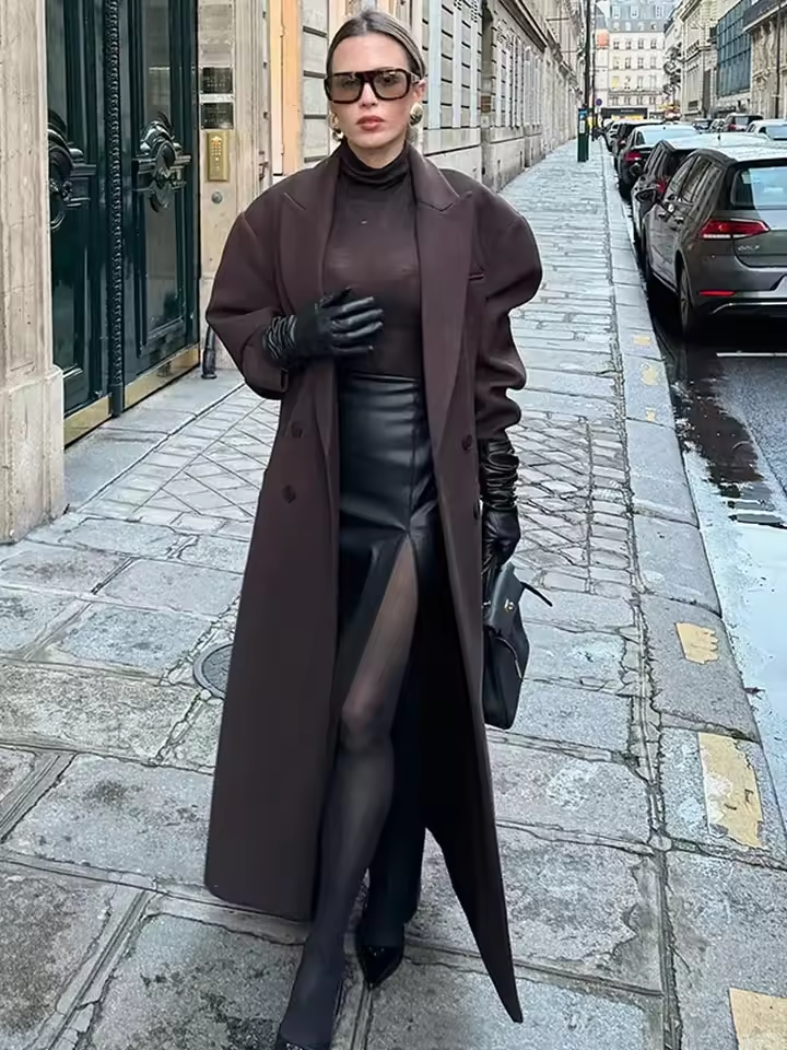 Women’s Long Wool Coat Double Breasted Winter Warm Elegant Overcoat