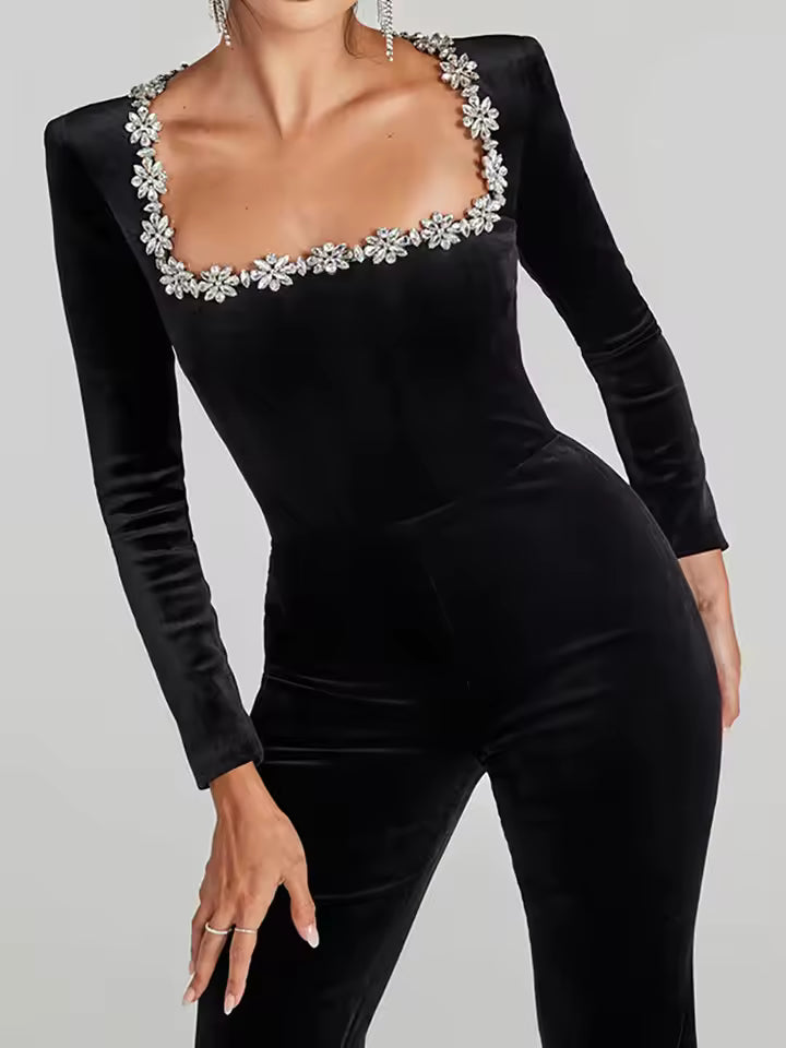Women’s Velvet Flare Jumpsuit Long Sleeve Square Neck with Zirconia Stones Evening Party Outfit