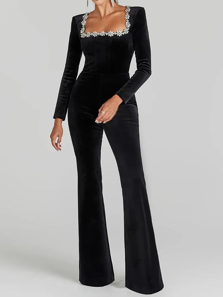 Women’s Velvet Flare Jumpsuit Long Sleeve Square Neck with Zirconia Stones Evening Party Outfit