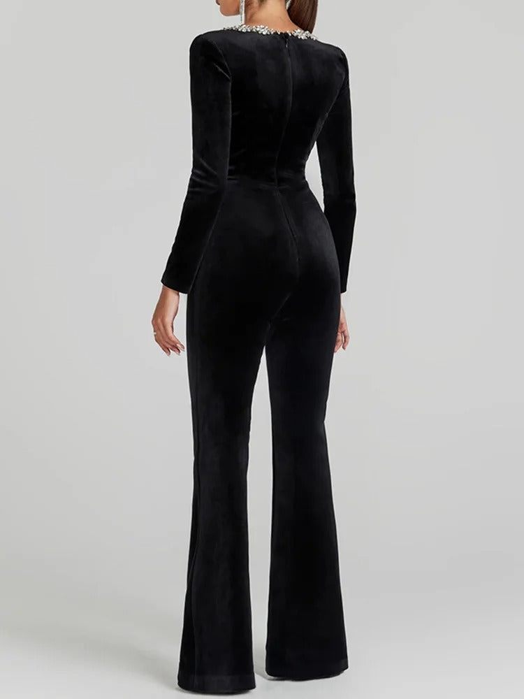 Women’s Velvet Flare Jumpsuit Long Sleeve Square Neck with Zirconia Stones Evening Party Outfit