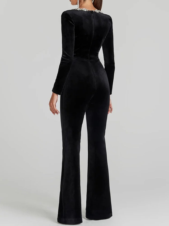 Women’s Velvet Flare Jumpsuit Long Sleeve Square Neck with Zirconia Stones Evening Party Outfit